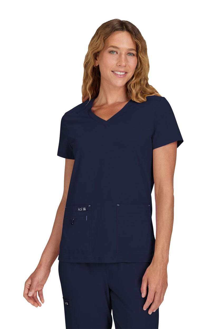 KOI Basics Becca Women's 4-Pocket Stretch Scrub Top Navy Large - Image 1